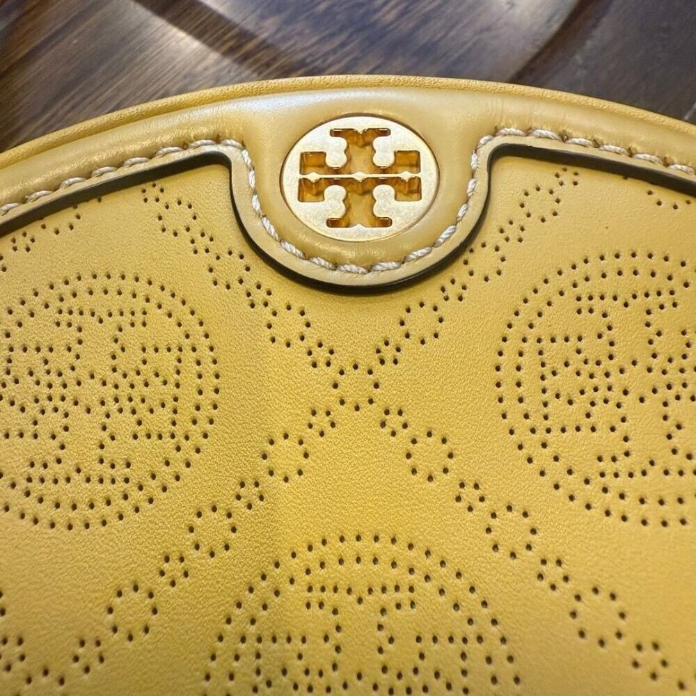 Tory Burch T Monogram Perforated Leather Circle Moon Bag, Golden Sunset, VGUC (C